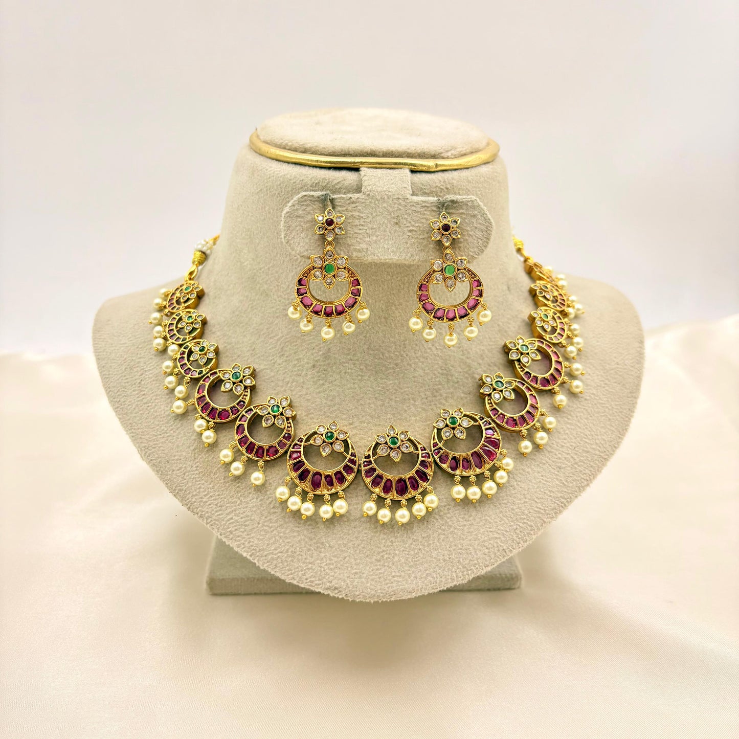 Traditional Ruby Stone Chandbali Necklace Set with Pearls – Gold Finish
