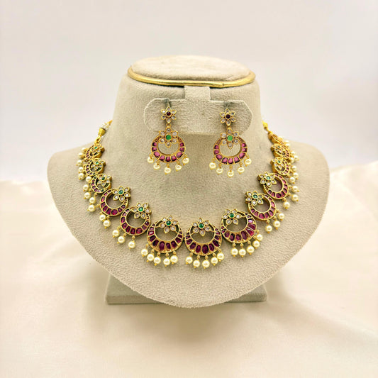 Traditional Ruby Stone Chandbali Necklace Set with Pearls – Gold Finish