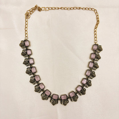 Antique Gold Finish Pink Stone Statement Necklace Set with Pearl Drops