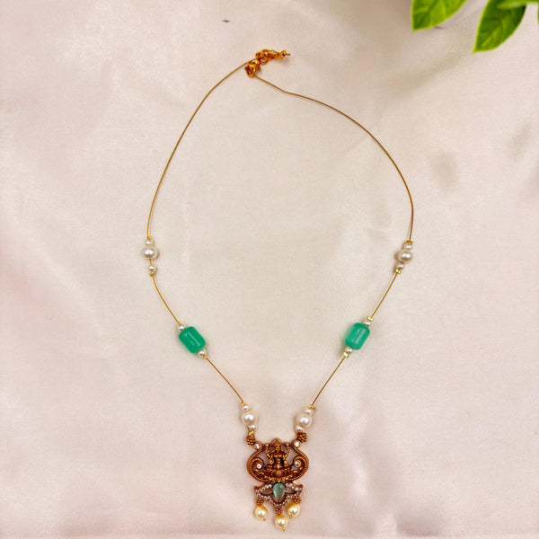 Gold Finish Temple Goddess Pendant Wire Necklace with Green Beads & Pearls