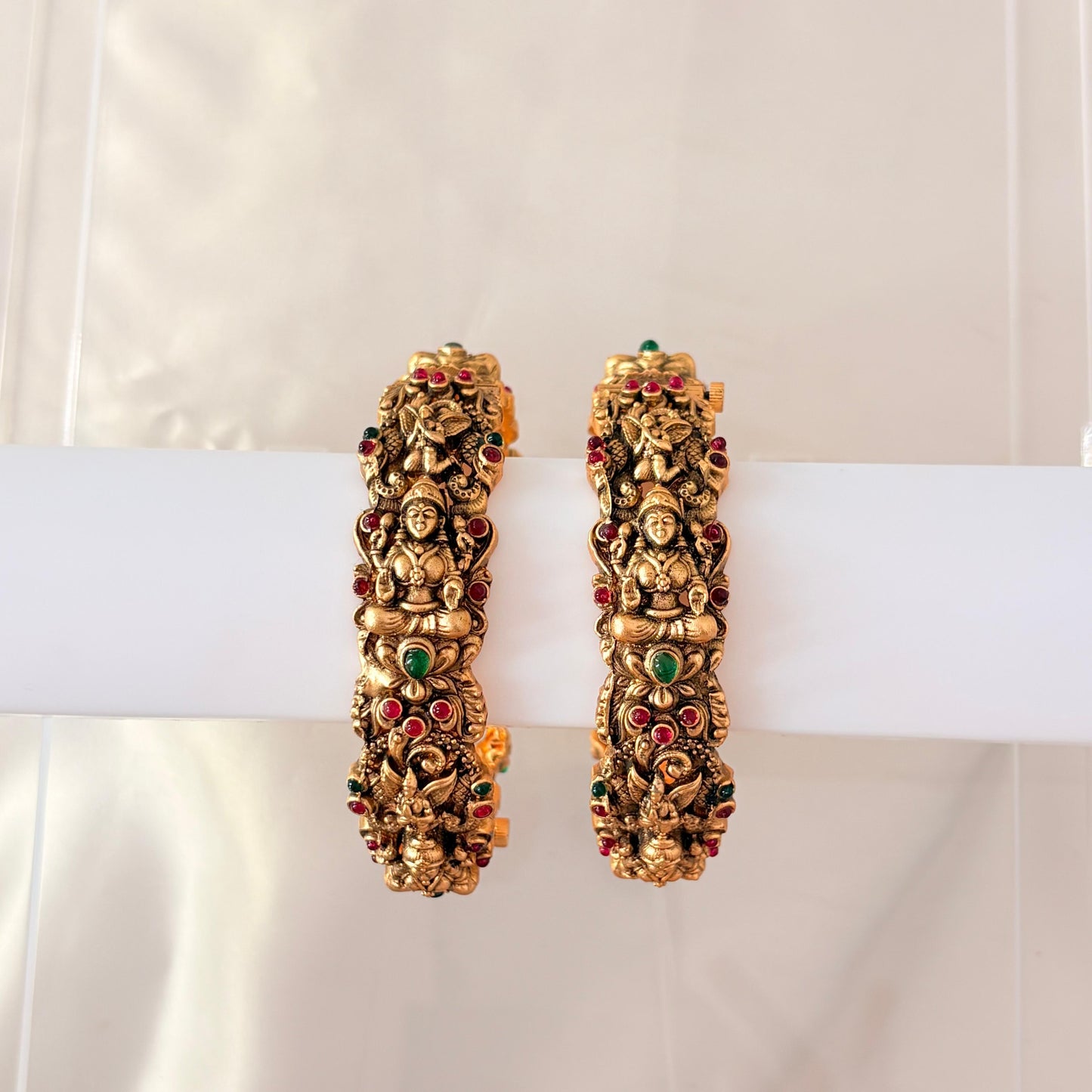 Antique Gold Lakshmi Temple Bangles with Ruby & Green Stones – Heavy Bridal Bangles