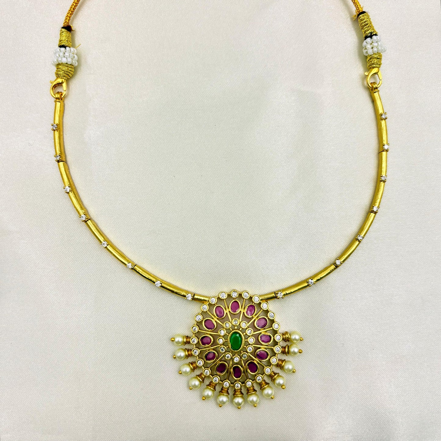 Traditional Kundan Pendant Necklace Set with Green & Pink Stones – Gold Finish