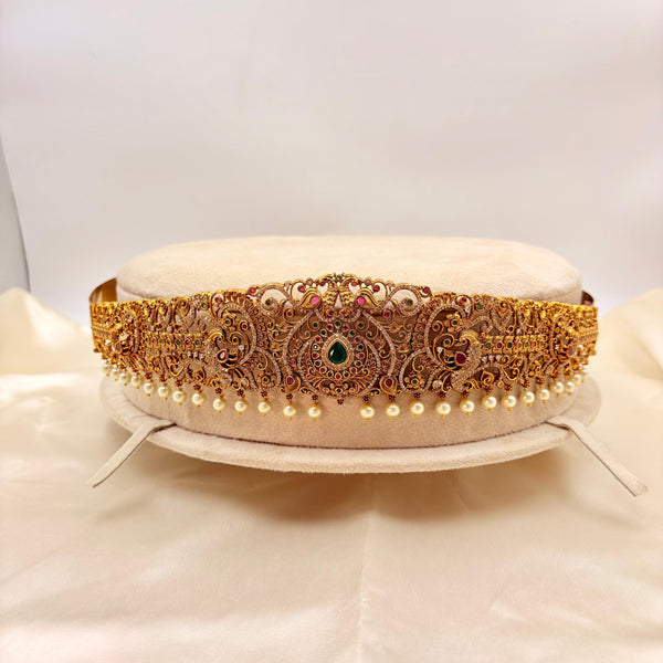 Antique Finish Bridal Vaddanam | Temple Design Waist Belt with Pearls & Stones