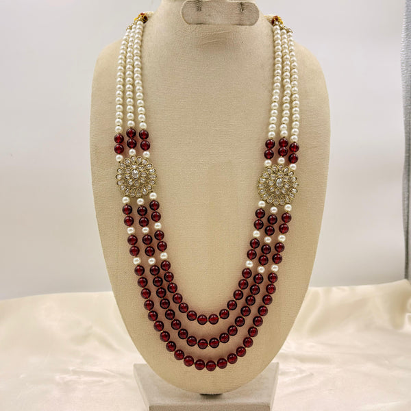 Ruby Red & Pearl Layered Long Necklace with Kundan Floral Motifs