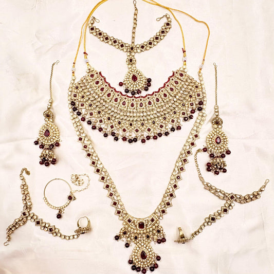 Royal Kundan Polki Bridal Jewellery Set with Maang Tikka – Maroon