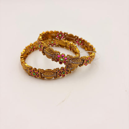 Heavy Gold-Plated Temple Bangles with Ruby, Green & White Stone Work (Pair)