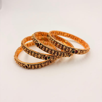 Antique Gold-Plated Temple Bangles with Ruby & Green Stones – Slim Traditional Design (Set of 2)