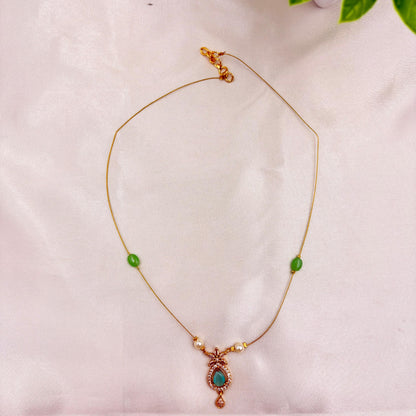 Minimal Gold Finish Green Drop Pendant Wire Necklace