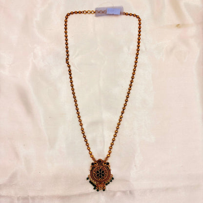 Antique Gold Finish Long Necklace with Green Stone Pendant & Stud Earrings