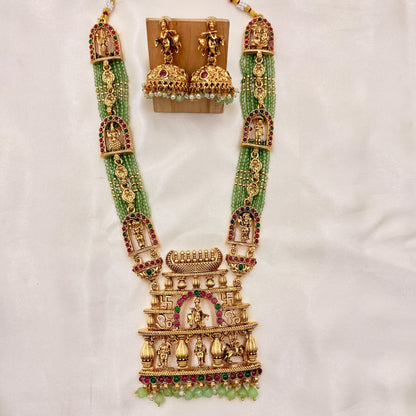Grand Temple Jewellery Green Beads Haaram with Ram Darbar Pendant & Jhumka Earrings | Antique Gold Finish
