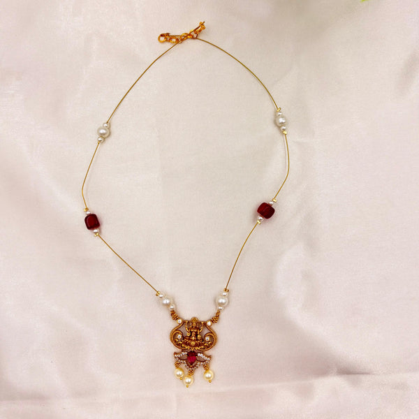 Gold Finish Lakshmi Temple Pendant Wire Necklace with Red Beads & Pearls