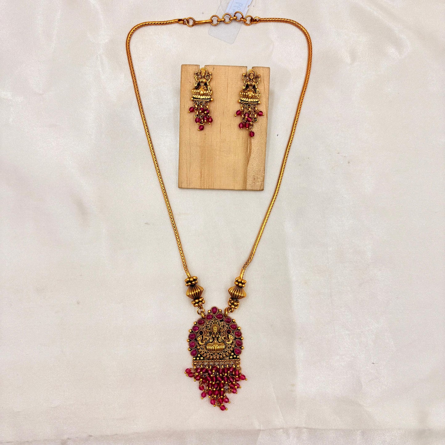 Antique Gold Finish Temple Pendant Necklace with Pink Beads & Matching Earrings