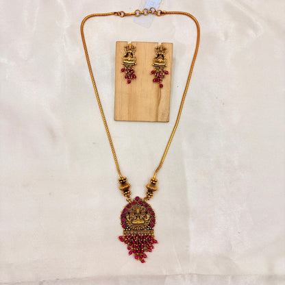 Antique Gold Finish Temple Pendant Necklace with Pink Beads & Matching Earrings