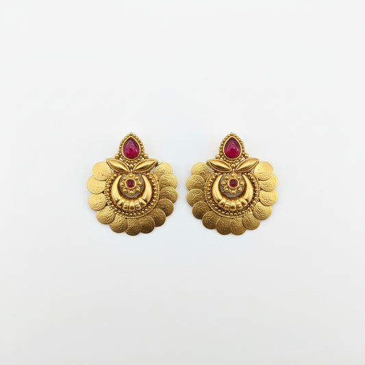 Antique Gold Lakshmi-Inspired Stud Earrings with Ruby Stone Detailing – Temple Jewellery