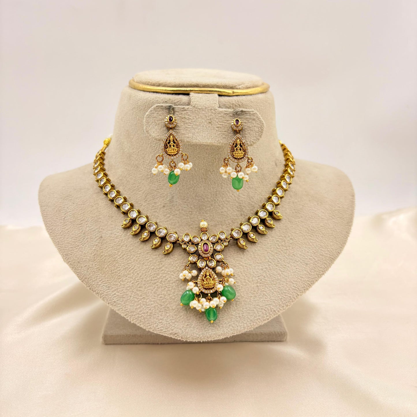 Elegant CZ Pendant Necklace Set with Green Beads & Pearl Drops – Gold Finish