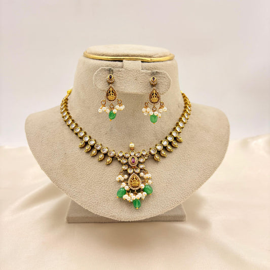 Elegant CZ Pendant Necklace Set with Green Beads & Pearl Drops – Gold Finish