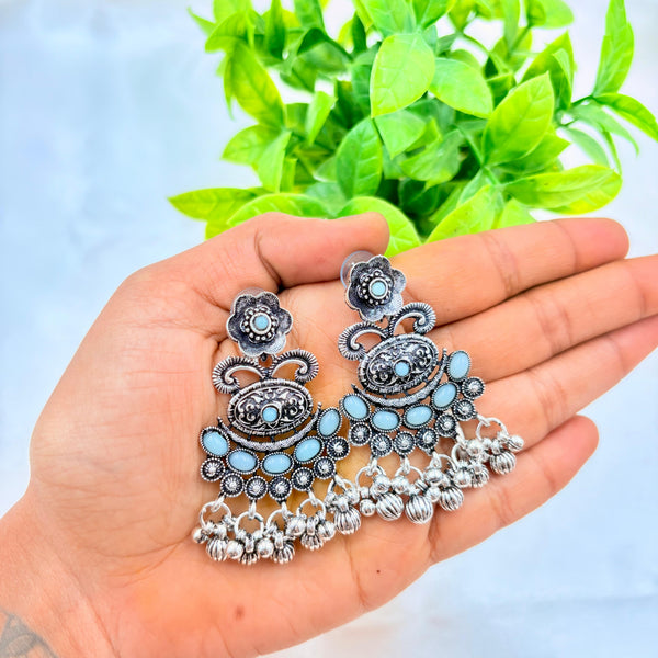 Oxidized Silver Chandelier Earrings with Light Blue Stones & Ghungroo Drops
