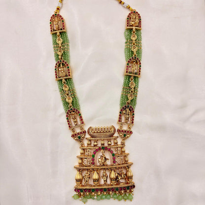 Grand Temple Jewellery Green Beads Haaram with Ram Darbar Pendant & Jhumka Earrings | Antique Gold Finish