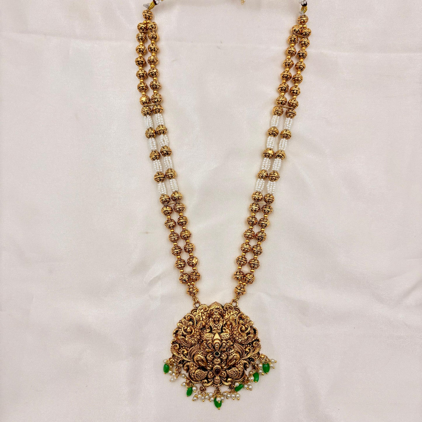 Antique Temple Haaram with Lakshmi Pendant & Jhumka Earrings | Gold Ball & Pearl Mala Design