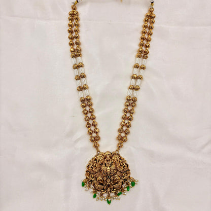 Antique Temple Haaram with Lakshmi Pendant & Jhumka Earrings | Gold Ball & Pearl Mala Design