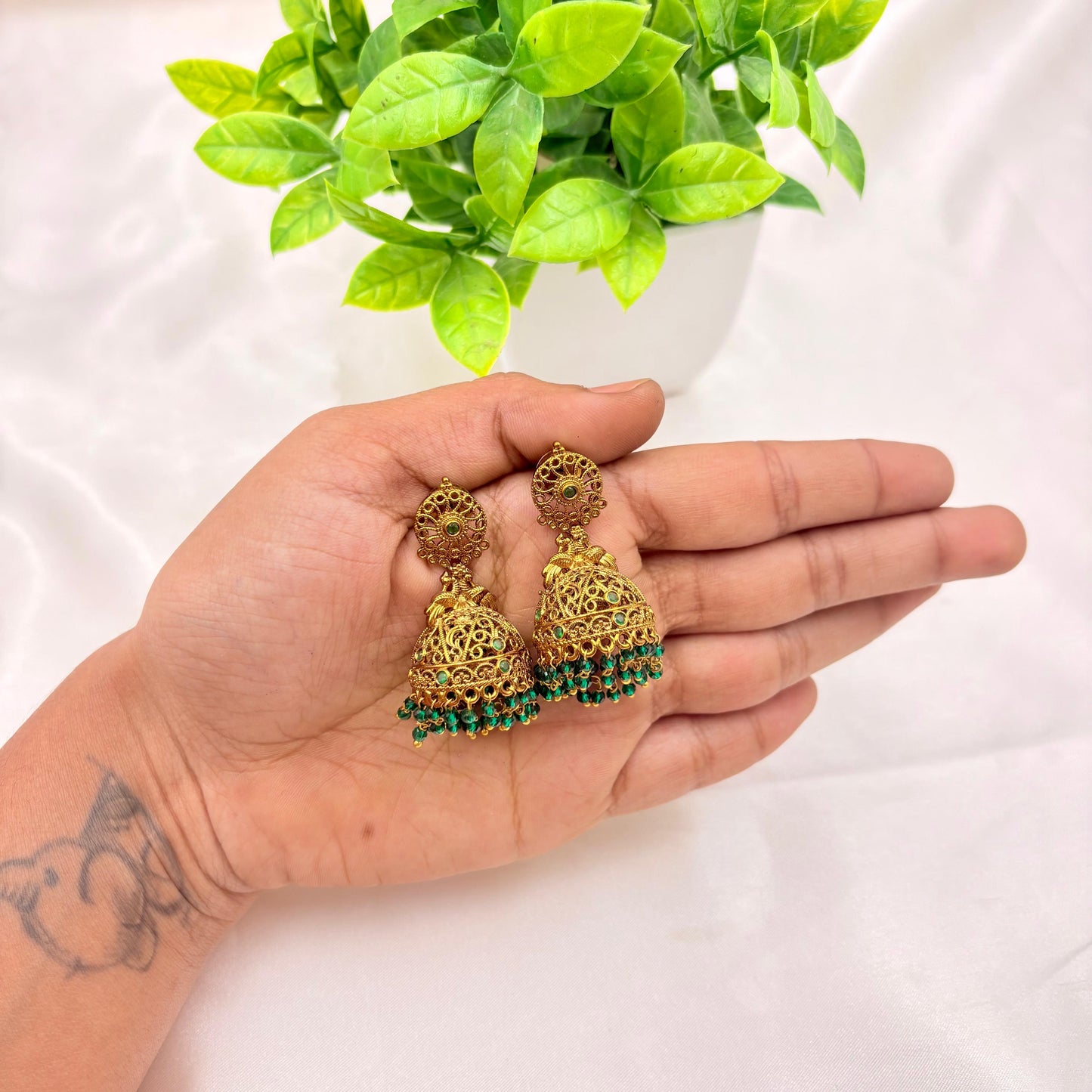Antique Gold Temple Jhumka Earrings with Green Bead Drops