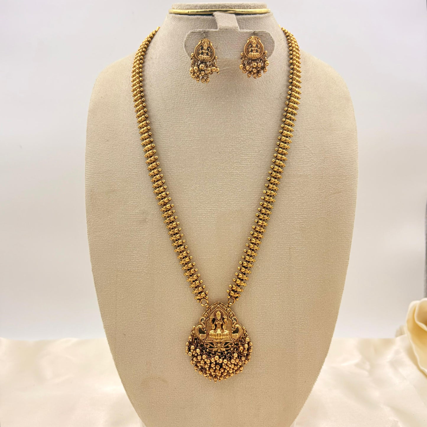 Antique Gold Lakshmi Long Haram Necklace with Ball Chain & Earrings