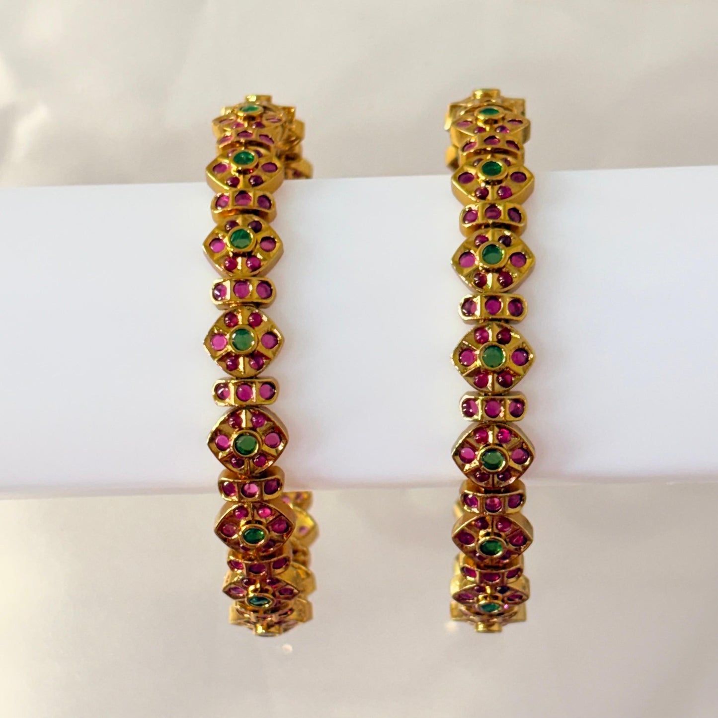 Antique Gold-Plated Ruby & Green Stone Bangles – Traditional South Indian Design (Set of 2)