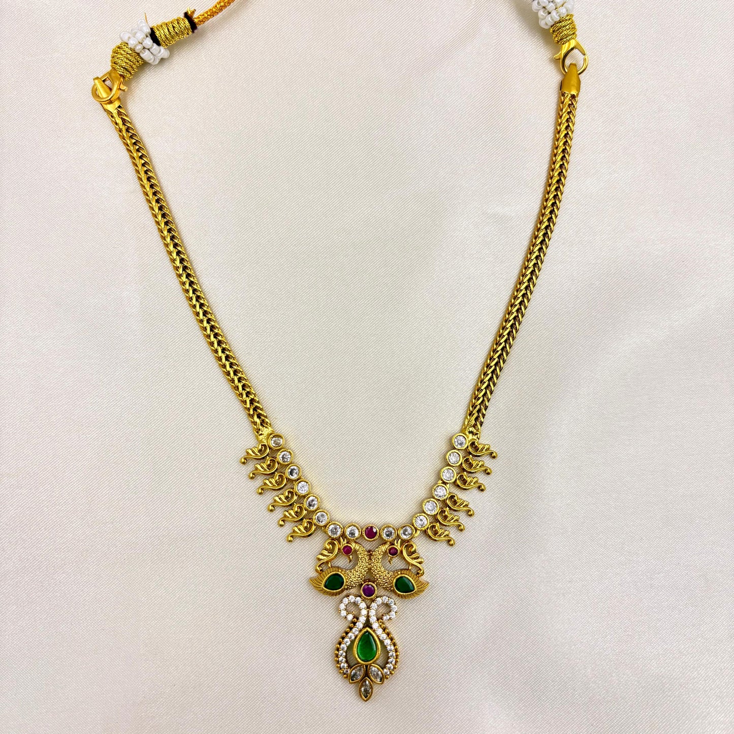 Antique Gold Finish Necklace Set with Green & Pink Stones