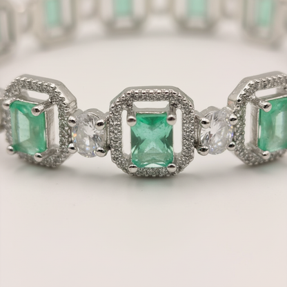Silver-Plated Mint Green Stone Bangles with CZ Diamonds – Elegant Partywear Bangle Set (Set of 2)