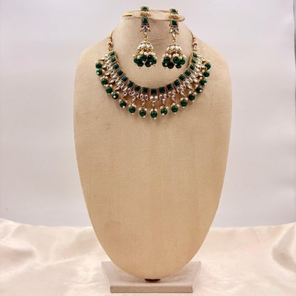 Gold Finish Green Kundan Necklace Set with Pearl Drops & Maang Tikka