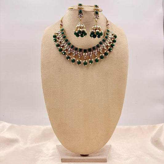 Gold Finish Green Kundan Necklace Set with Pearl Drops & Maang Tikka