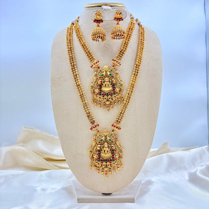 Royal Double Layer Antique Gold Temple Haram with Lakshmi Pendants & Jhumka Earrings