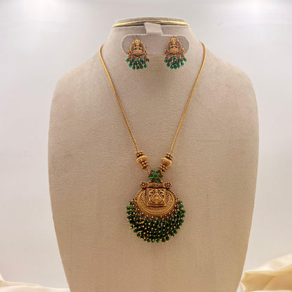 Temple Lakshmi Antique Green Beads Necklace Set