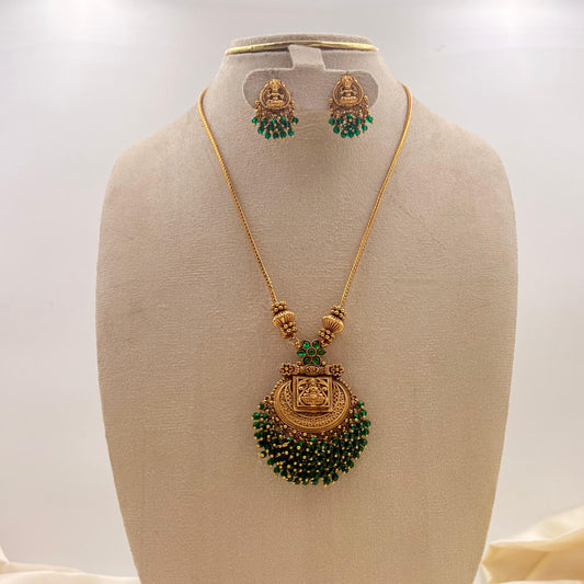 Temple Lakshmi Antique Green Beads Necklace Set