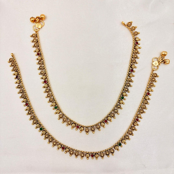 Antique Gold Coin Motif Anklet with Red & Green Stones (Pair)