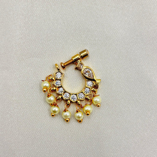 Traditional Antique Gold Pearl Drop Nose Pin (Nath)