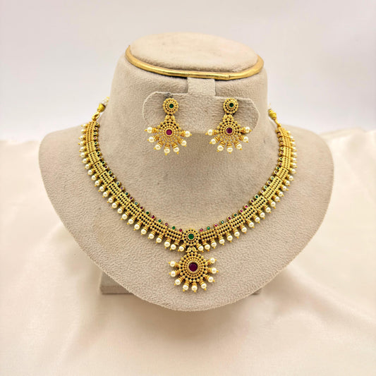 Traditional Kemp Stone Temple Necklace Set with Pearl Drops – Gold Finish