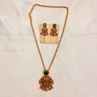 Gold Finish Temple Necklace Set with Green Stone Pendant & Earrings