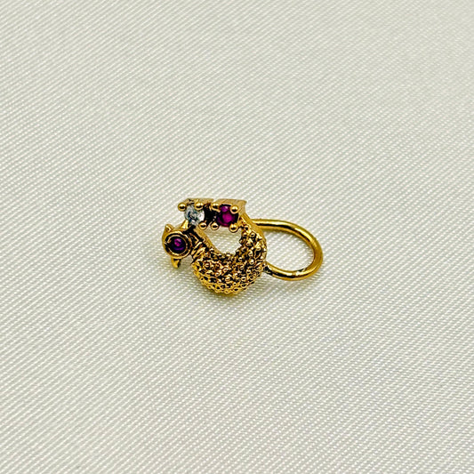 Antique Textured Gold Nose Pin with Ruby Accent
