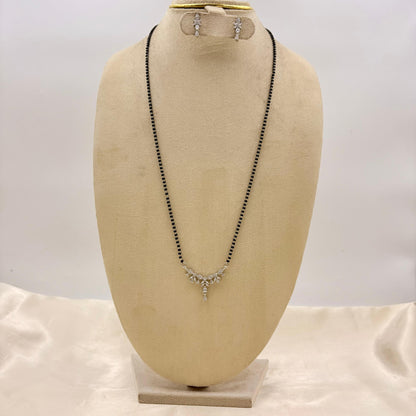 Silver Finish CZ Leaf Drop Mangalsutra with Matching Earrings