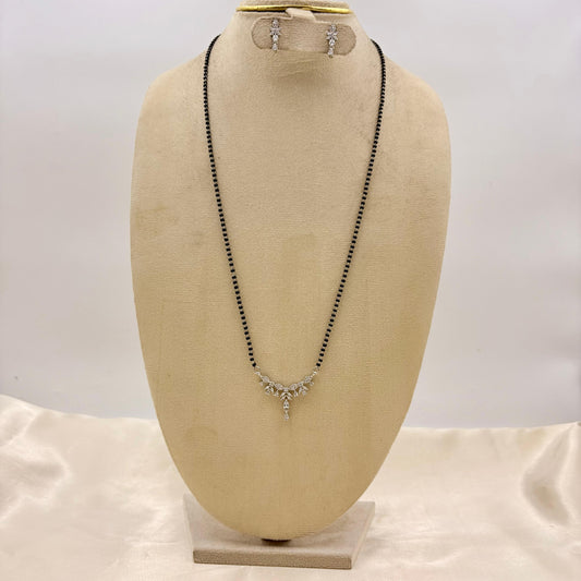 Silver Finish CZ Leaf Drop Mangalsutra with Matching Earrings