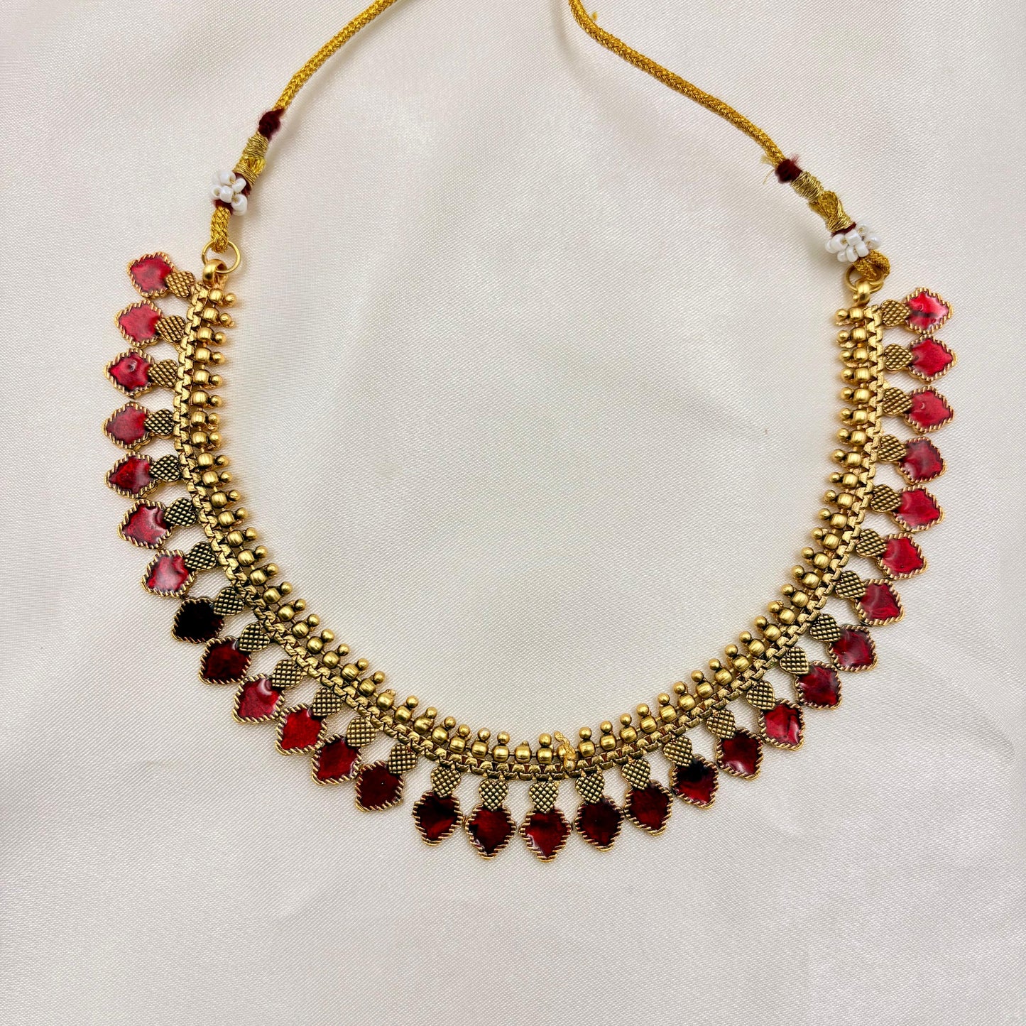 Antique Pink & Red Enamel Leaf Necklace Set | Traditional Lightweight Jewellery