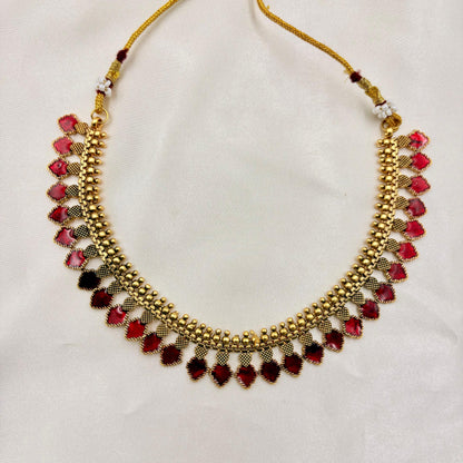 Antique Pink & Red Enamel Leaf Necklace Set | Traditional Lightweight Jewellery