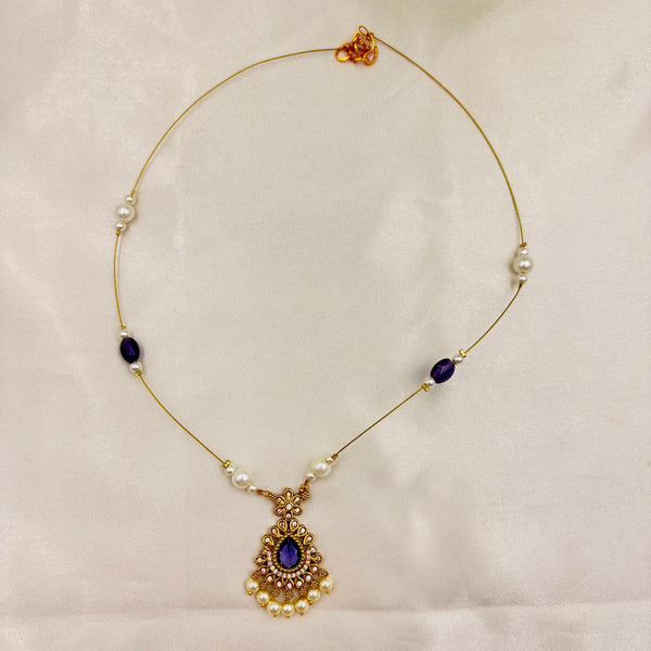 Gold Finish Blue Stone Pendant Wire Necklace with Pearl Accents