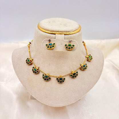 Antique Gold Finish Green Stone Short Necklace Set with Matching Stud Earrings