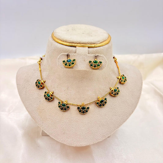 Antique Gold Finish Green Stone Short Necklace Set with Matching Stud Earrings