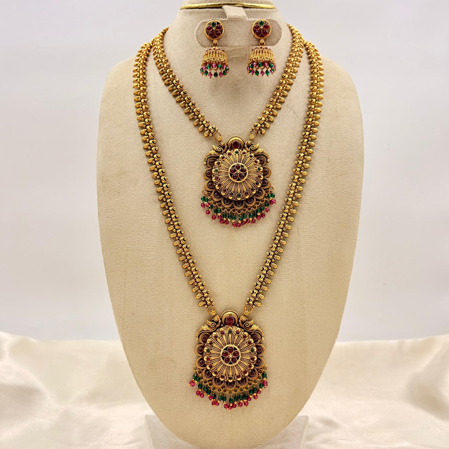 Antique Gold Dual Layer Long Haram Necklace Set with Round Pendant & Jhumka Earrings