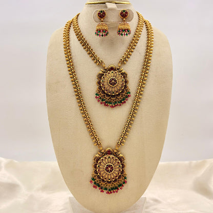 Antique Gold Dual Layer Long Haram Necklace Set with Round Pendant & Jhumka Earrings