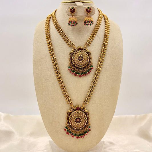 Antique Gold Dual Layer Long Haram Necklace Set with Round Pendant & Jhumka Earrings