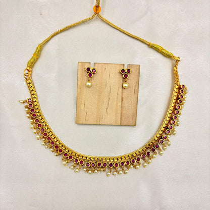 Antique Gold Ruby Kundan Choker Necklace Set with Pearl Drops